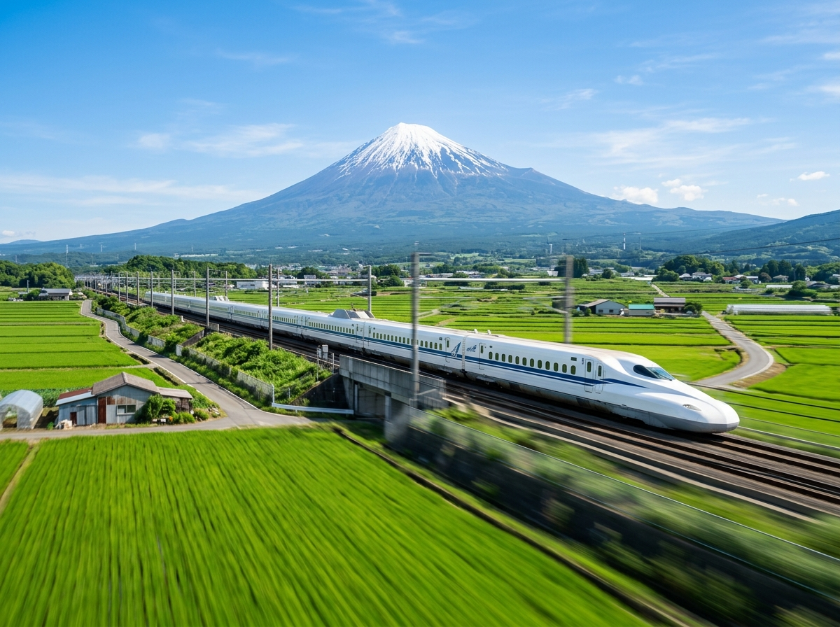 Shinkansen bullet train passing Mount Fuji
