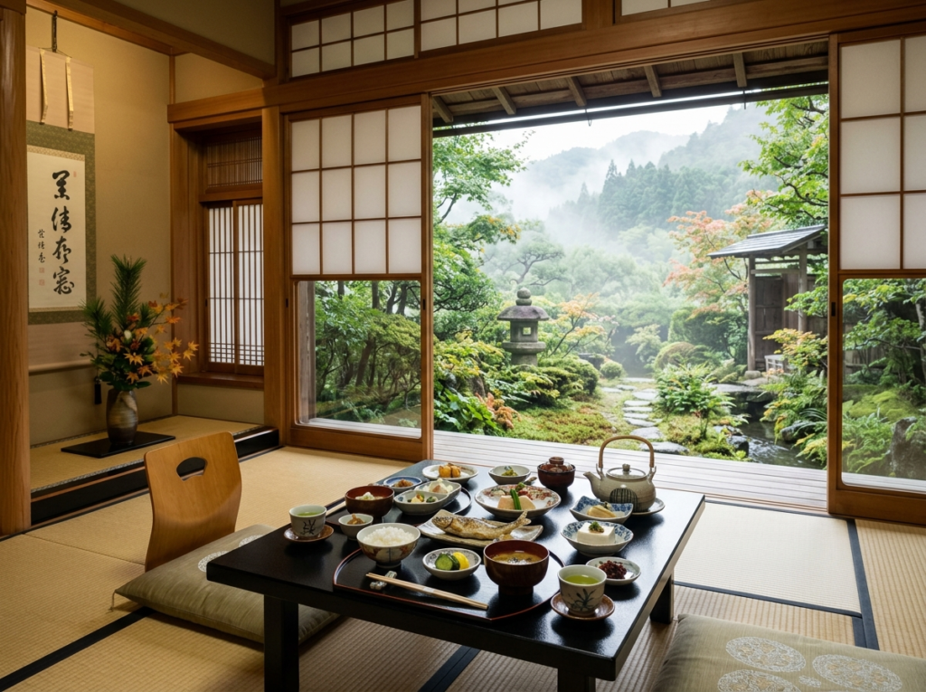 Traditional ryokan room with kaiseki breakfast