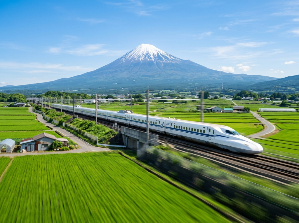 Shinkansen bullet train passing Mount Fuji