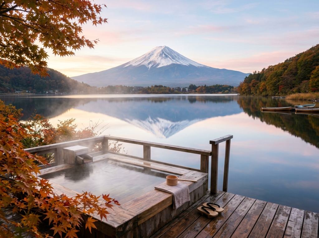 Mount Fuji reflected at dawn from a Hakone onsen